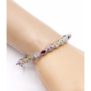 Thai FAS Multi Gemstone Hinged Bangle Bracelet Rhodium Plated Oval Stones